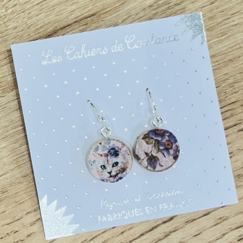 Petites boucles pendantes Chat Fleurs